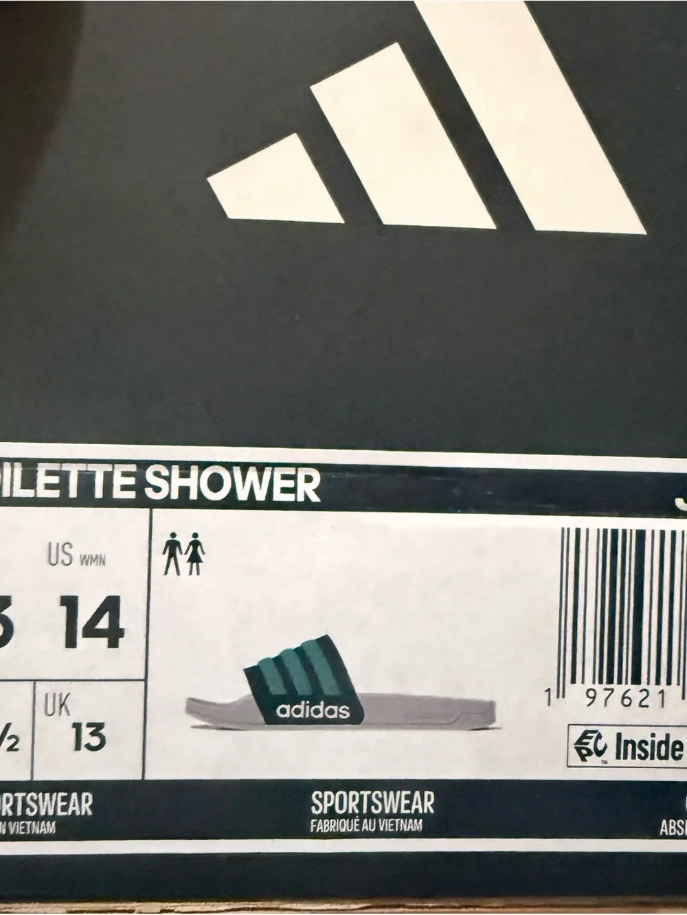 Adidas White Slides with Black and Teal Stripes